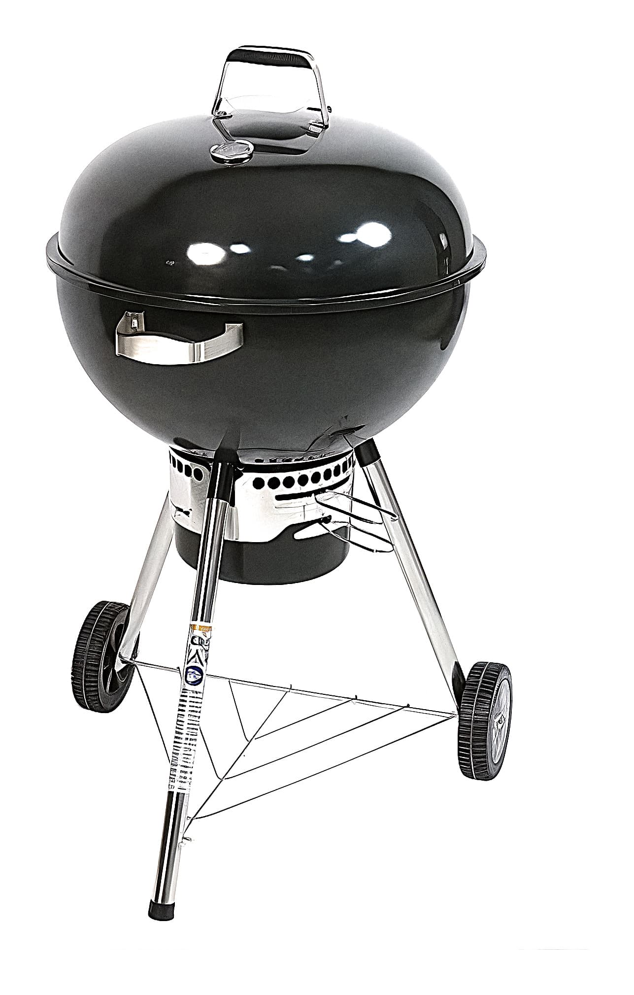 Asador KOVO Cumbre 22 de carbón, tapa esmaltada negra sobre tres patas de acero inoxidable con dos ruedas
