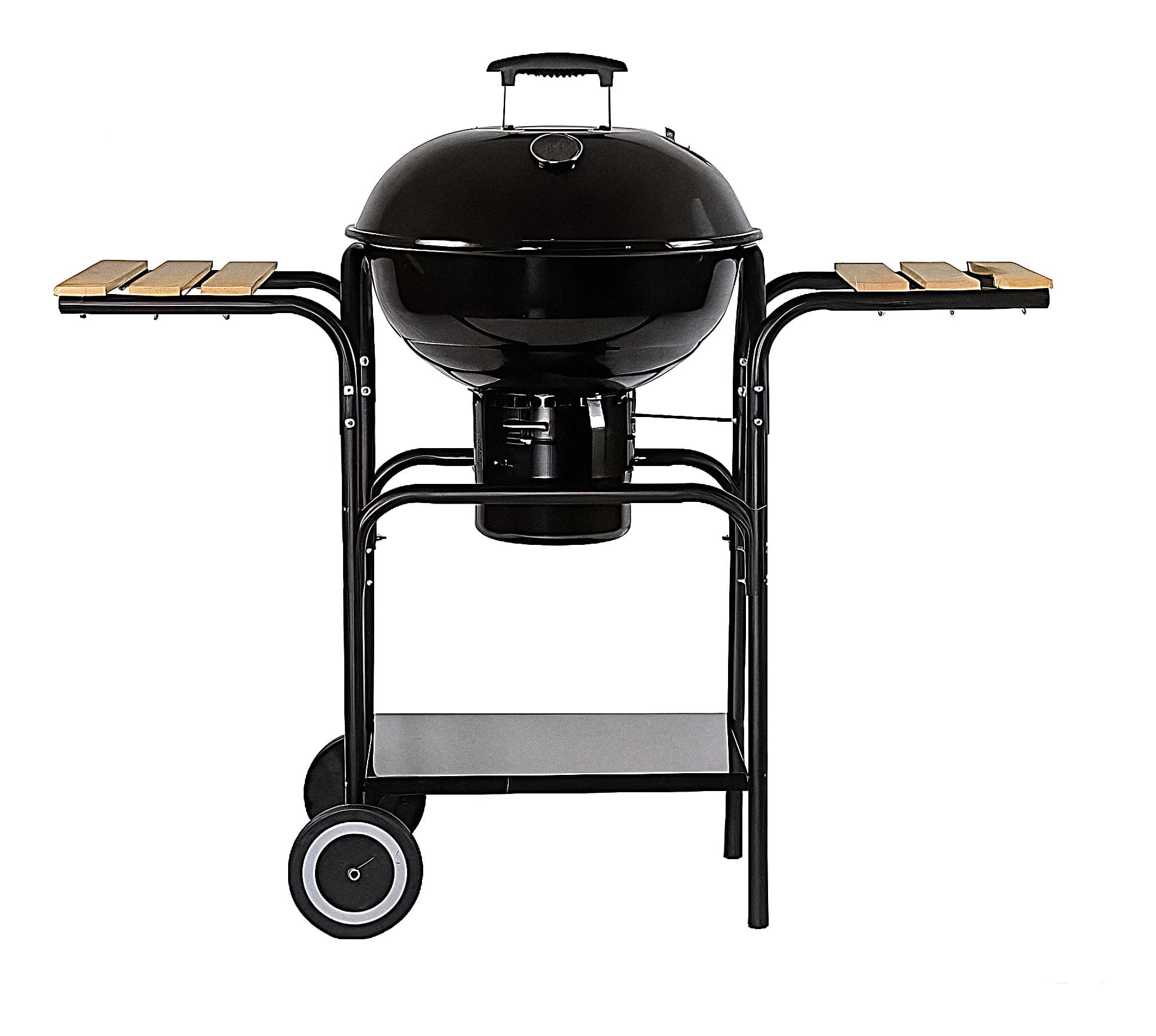 Asador KOVO Patio 18 de carbón sobre carro negro con dos mesas laterales de madera y ruedas